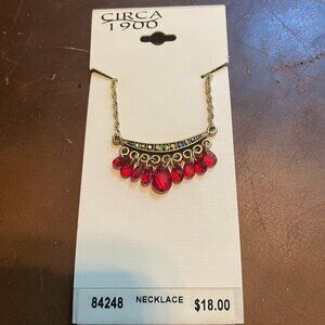 Modern Vintage Victorian Style Gold Tone Necklace Pendant w/ Red Hued Stones